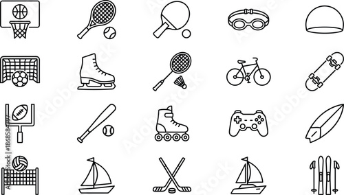 Sports and recreation outline icon set featuring indoor and outdoor games, fitness equipment, and athletic activity symbols in black and white line style