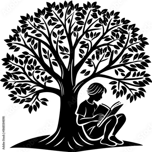 Silhouette student reading book under tree, simple vector isolated on White Background
