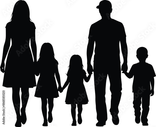 Black family silhouette walking together holding hands, parents with three children vector illustration, isolated figures on white background, motherhood and fatherhood concept,