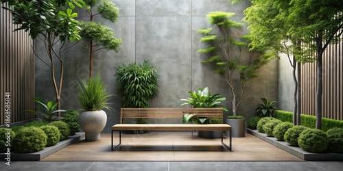 Serene Courtyard Design A Modern Wooden Bench Nestled Amongst Lush Greenery and Minimalist Architectural Elements