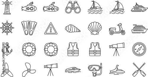Marine and nautical outline icon set with boats, lighthouse, compass, safety equipment, and ocean travel symbols for web, app, and print design