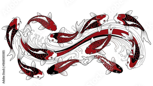 Group of koi fish illustration with red and black scales.