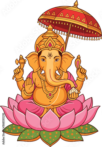 Colorful Lord Ganesha illustration seated on lotus with royal umbrella, Hindu god of wisdom, festive Indian mythology vector artwork