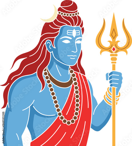 Colorful Lord Shiva vector illustration holding trident, serene Hindu god portrait with crescent moon, spiritual Indian mythology flat design