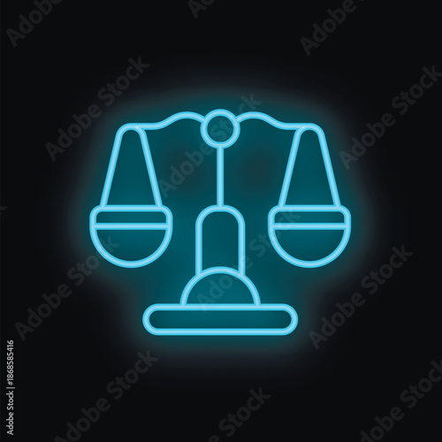 Neon blue scales of justice icon glowing on black background representing concept of law, legal system, fairness and equality