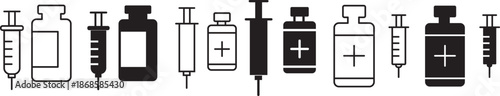 Vaccination icon collection in black. Insulin icon vector simple design. Set of medical syringe icons. Vaccination icon design for signs, logo, apps. Vaccination on transparent background

