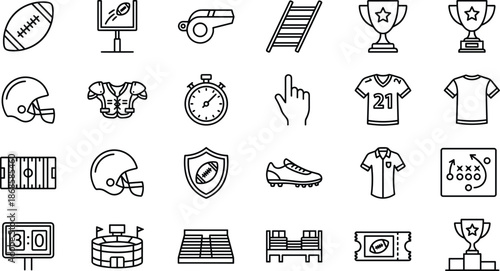 American football line icons set, sports equipment, stadium, trophy, strategy, training, referee, scoreboard, game elements collection