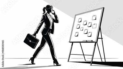 A focused businesswoman walks confidently while on a phone call beside a whiteboard for tasks