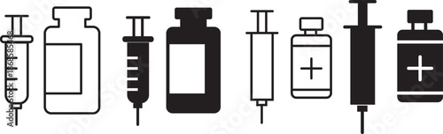 Vaccination icon collection in black. Insulin icon vector simple design. Set of medical syringe icons. Vaccination icon design for signs, logo, apps. Vaccination on transparent background

