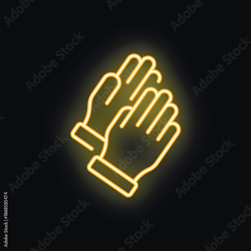 Bright yellow neon sign depicting a pair of protective gloves glowing on a dark background