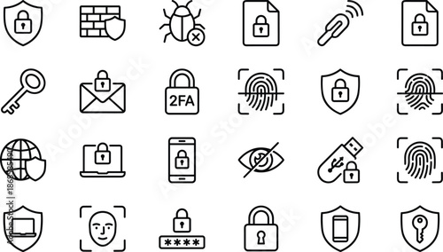 Cyber security line icons set, data protection, privacy, encryption, firewall, authentication, digital safety, network security symbols collection