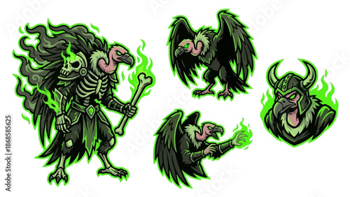 Undead Vulture Necromancer Mascot Logo Set with Green Fire and Skeletal Armor Character