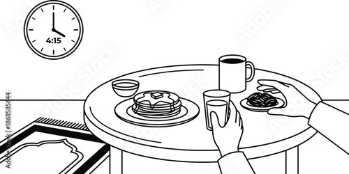 Suhoor meal table flat vector illustration for Ramadan breakfast