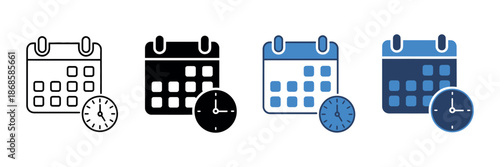 Calendar Time Icons with Clock Symbols for Project Scheduling