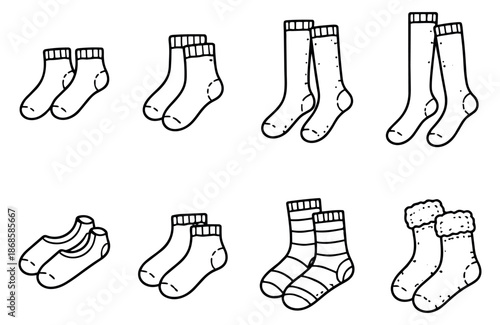 Hand drawn line art socks set featuring multiple pairs in various styles and lengths for everyday wear and winter comfort
