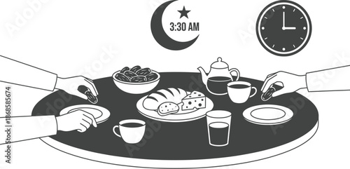 Suhoor meal table flat vector illustration for Ramadan breakfast
