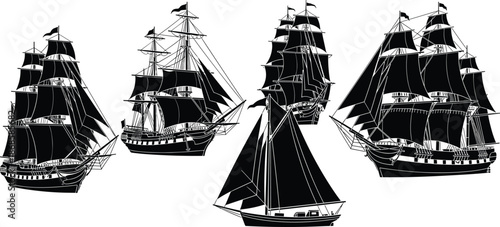 Black sailing ship silhouettes set, vintage wooden vessel vector illustrations, nautical tall ships with sails, maritime ocean adventure design elements, isolated clipper boats,