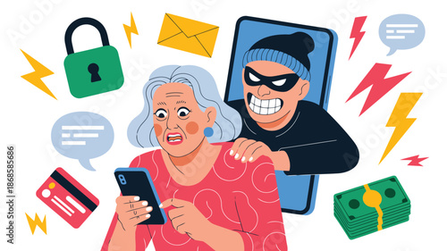 A shocked elderly woman encounters a masked cyber criminal attempting to steal money and data