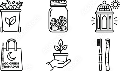 Ramadan eco-friendly vector icons set for sustainable lifestyle