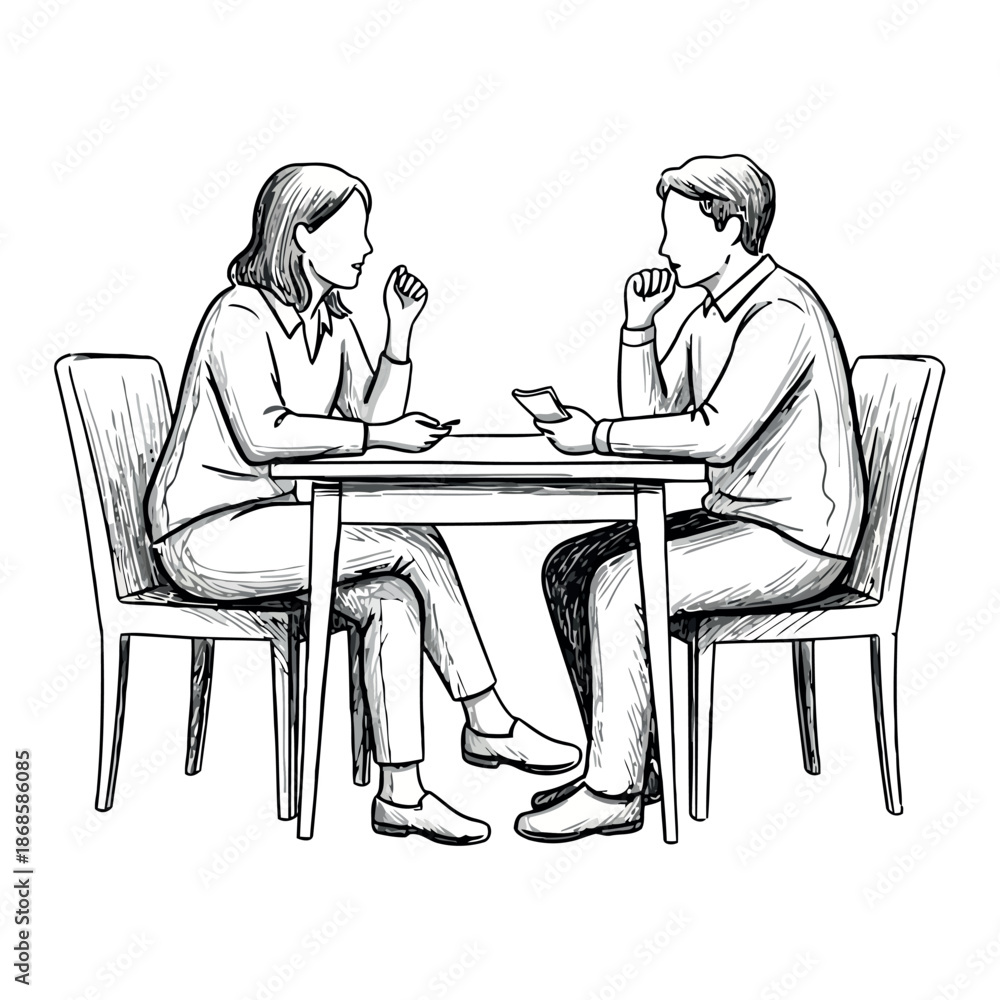 Fototapeta premium Sketch depicting two individuals seated at a table seemingly engaged in conversation