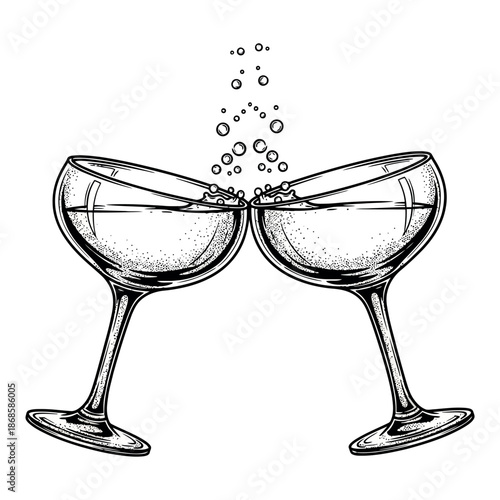 A celebratory sketch depicting two stemmed glasses clinking together filled with liquid