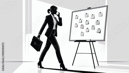 Professional woman silhouette talking on a phone and carrying a briefcase next to a busy whiteboard