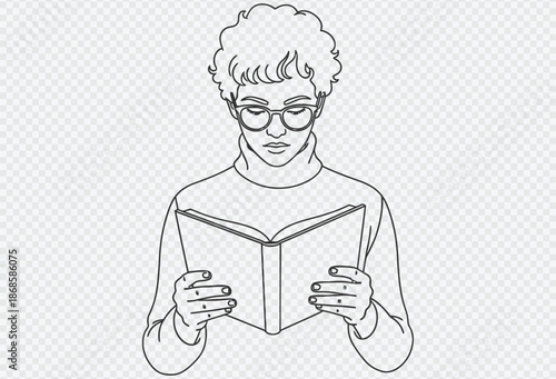 Woman reading a book with glasses on, engrossed in her favorite novel or story