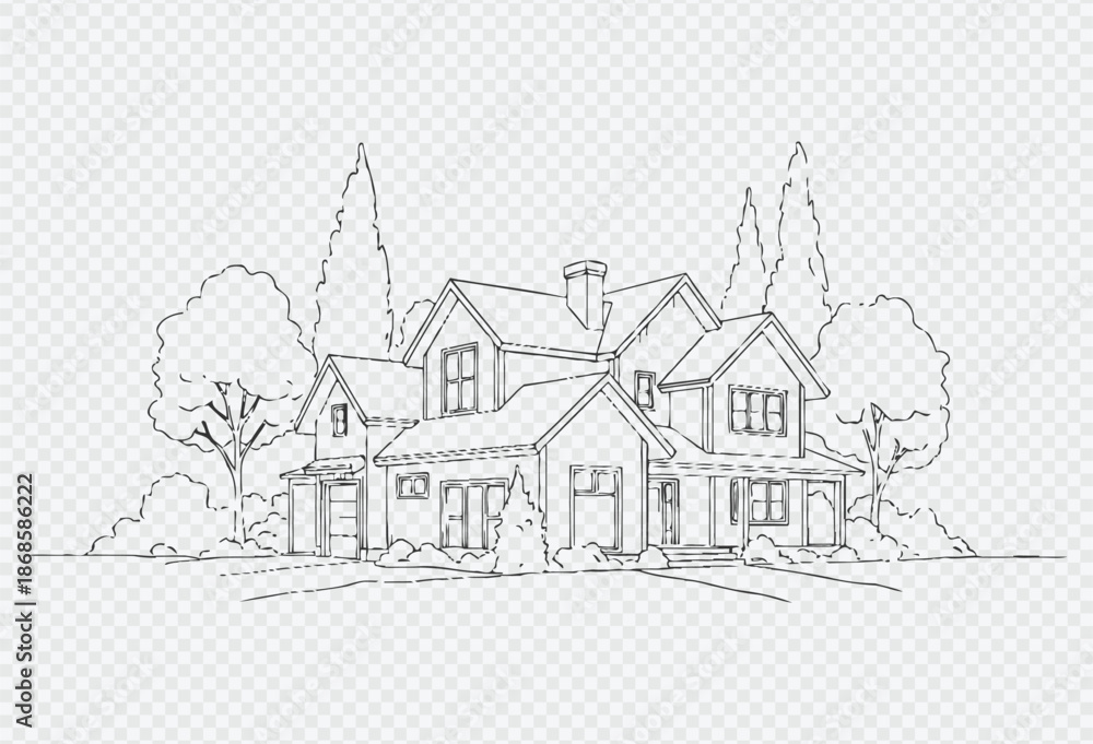 Obraz premium Beautiful large house with trees and yard in simple line art style