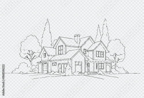 Beautiful large house with trees and yard in simple line art style