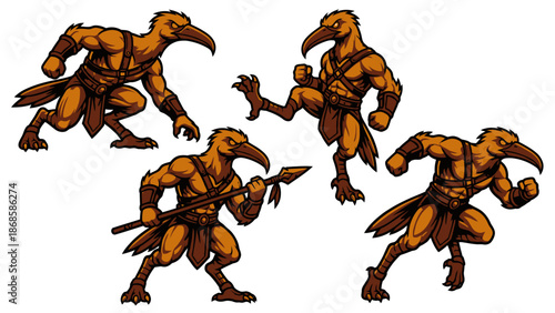 Set of Four Muscular Bird Warrior Character Mascots, Mythical Birdman in Various Battle Poses
