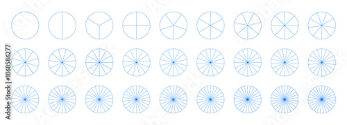 Pie chart template. Diagram wheel parts from 1 to 27. Segmented charts. Many number of sectors divide the circle on equal parts. Outline blue graphics. Pizza charts. Set of segments infographic icons.