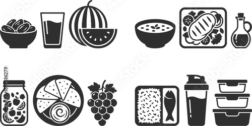 Iftar healthy food icons flat vector illustration set
