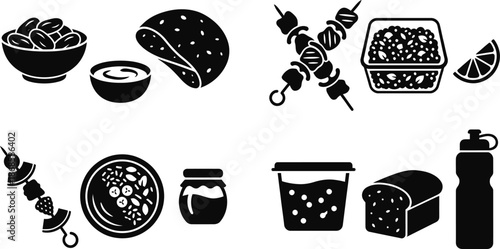 Iftar healthy food icons flat vector illustration set