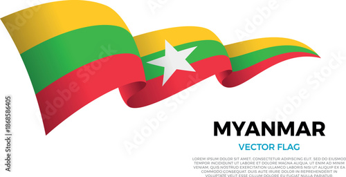 Flag of Myanmar. Burmese and Asian Culture. Shining flag with realistic shadows waving in three layers. The elegant curves and realistic shading create a sense of motion