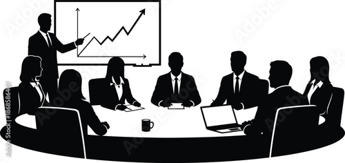 Black silhouette of business people in a corporate meeting with a leader presenting a growth chart on a whiteboard, vector illustration set.