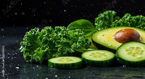 Wallpaper Mural Fresh slices of cucumber and avocado with kale and spinach leaves on a dark surface with water droplets. Torontodigital.ca