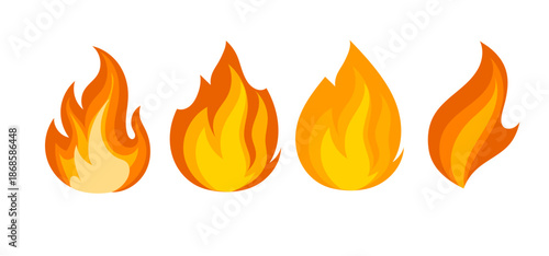 Set of four cartoon fire flame icons in vibrant yellow and orange, flat vector illustration style.