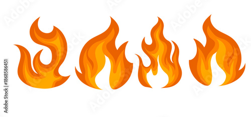 A vibrant set of four stylized cartoon fire flames, featuring swirling shapes and warm orange and yellow gradients.
