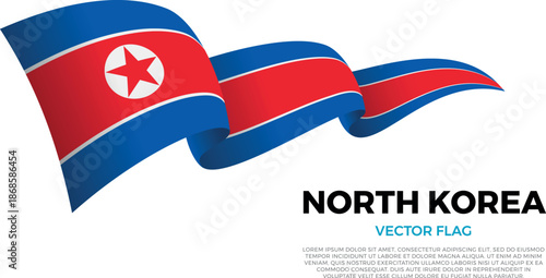 Flag of North Korea. North Korean and Asian Culture. Shining flag with realistic shadows waving in three layers. The elegant curves and realistic shading create a sense of motion