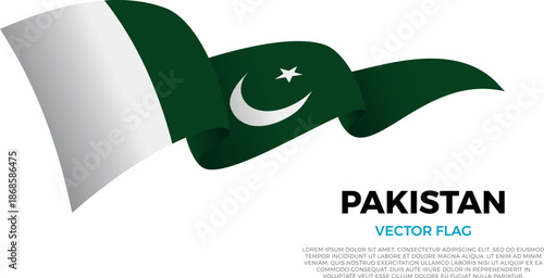 Flag of Pakistan. Pakistani, Islamic and Asian Culture. Shining flag with realistic shadows waving in three layers. The elegant curves and realistic shading create a sense of motion