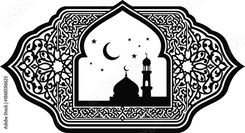 Mosque window silhouette with crescent moon in night sky