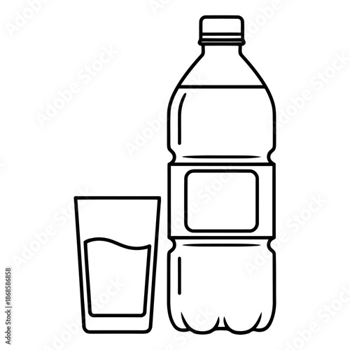 Plastic bottle and drinking glass outlined in black and white