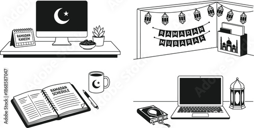 Ramadan workspace decor elements for office desk design vector