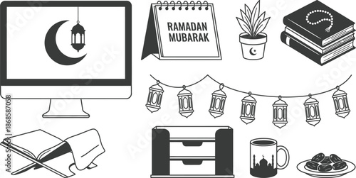 Ramadan workspace decor elements for office desk design vector