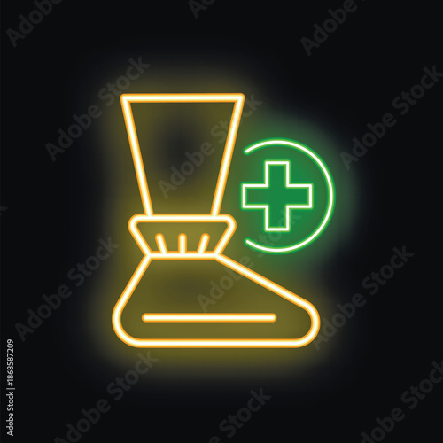 Neon sign representing an iv bag with a green medical cross glowing over it, suggesting a medical service