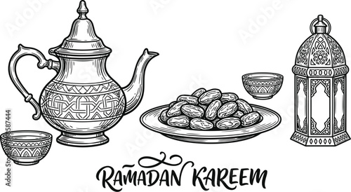 Ramadan kitchenware set with brass teapot and dates plate vector