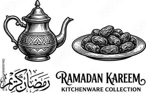 Ramadan kitchenware set with brass teapot and dates plate vector