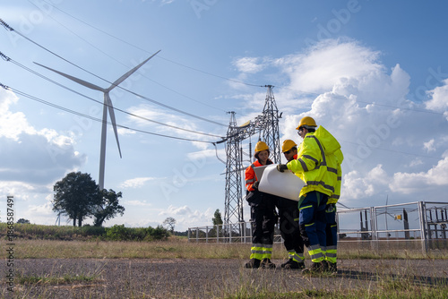 Workers discuss plans near a wind turbine and power lines on a clear day in a rural area