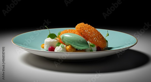 Wallpaper Mural A plate of food with a green sauce and orange topping on a blue plate with a dark background and studio lighting. Torontodigital.ca