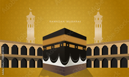 Stylized illustration of the holy Kaaba and Grand Mosque in Mecca for Ramadan.